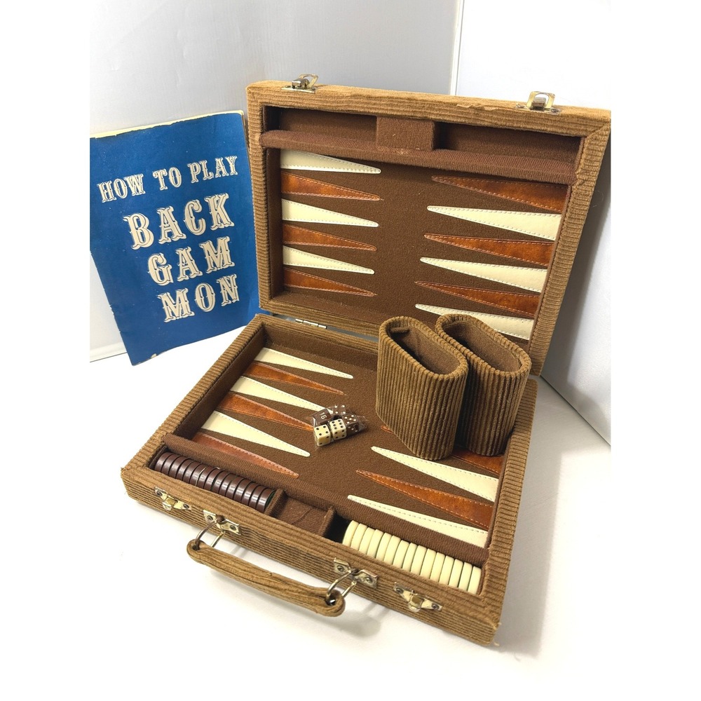 Vintage Backgammon Set Game Retro Corduroy Brown Cream Travel Briefcase
